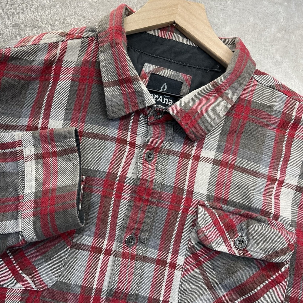 prAna Shirt‎ Mens 2XL Red Flannel Button Front Plaid Long Sleeve Grunge Comfort